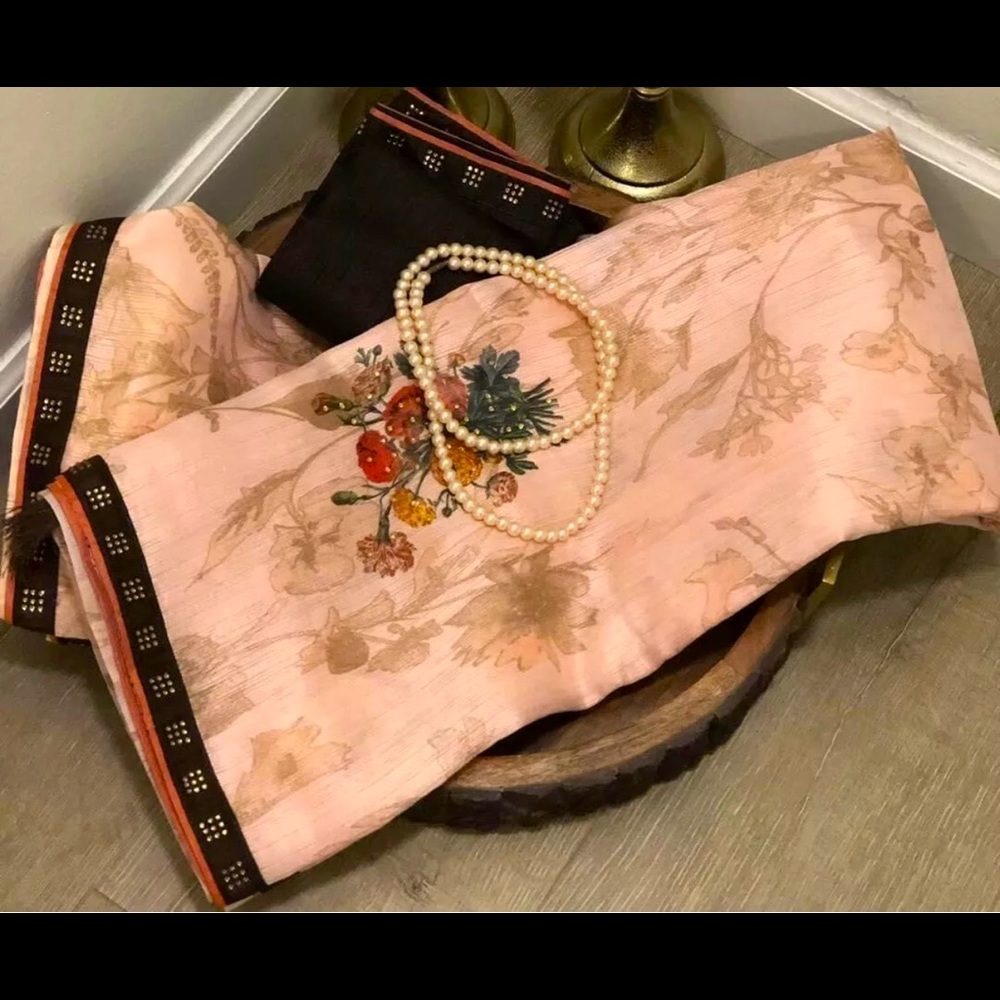Beautiful Soft Designer Digital Print Peach Floral Sequin Saree With BP